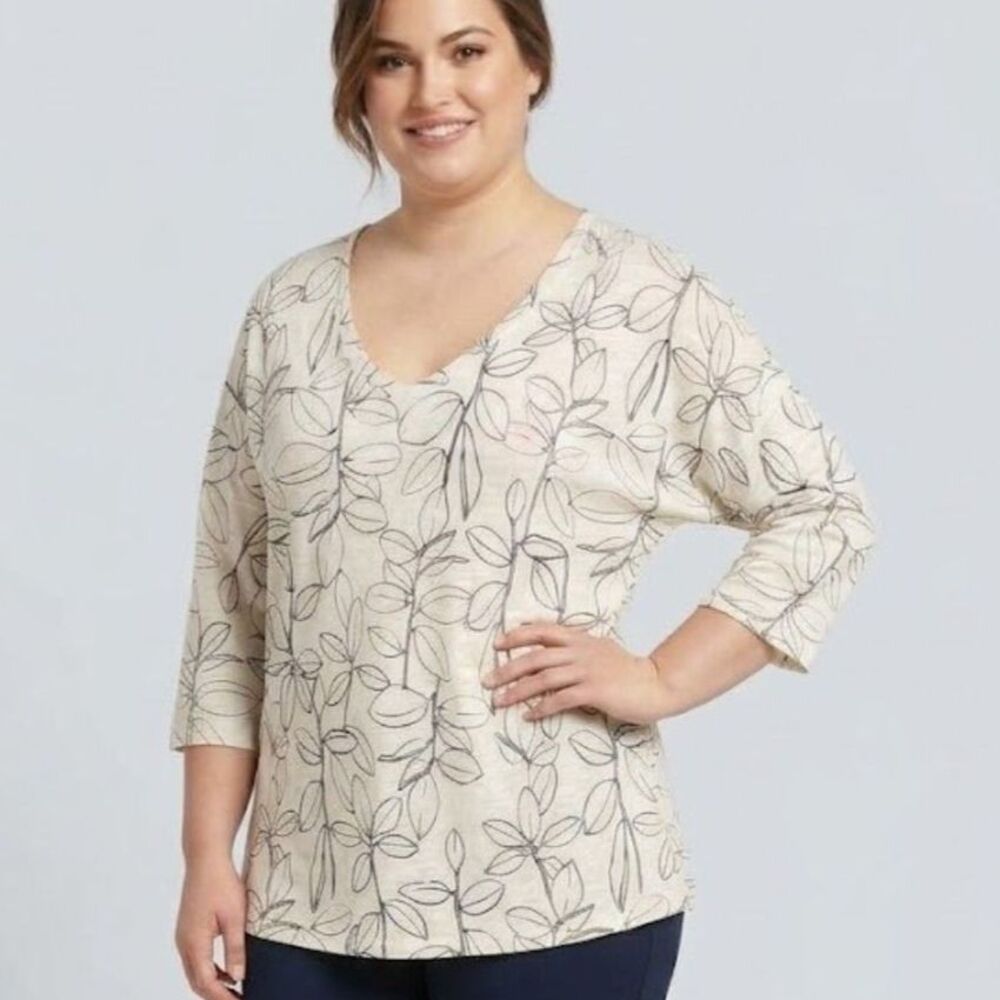 Cynthia Rowley Womens 2x 100% Linen Floral Leaf Print  Scoop V Neck Top Coastal
